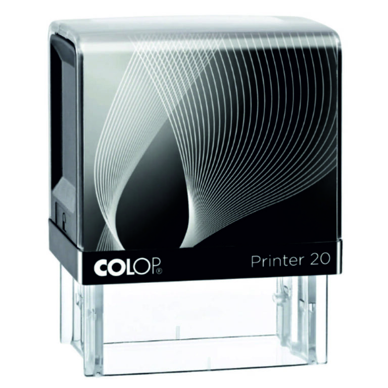COLOP Автоматичен печат Color R20 с компактна черно-бяла конструкция за бързо отпечатване.
