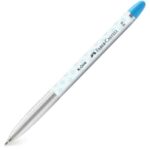 Химикал с флотално мастило Faber-Castell K-ONE 0.5 син цвят, със стилен сребрист и бял дизайн.