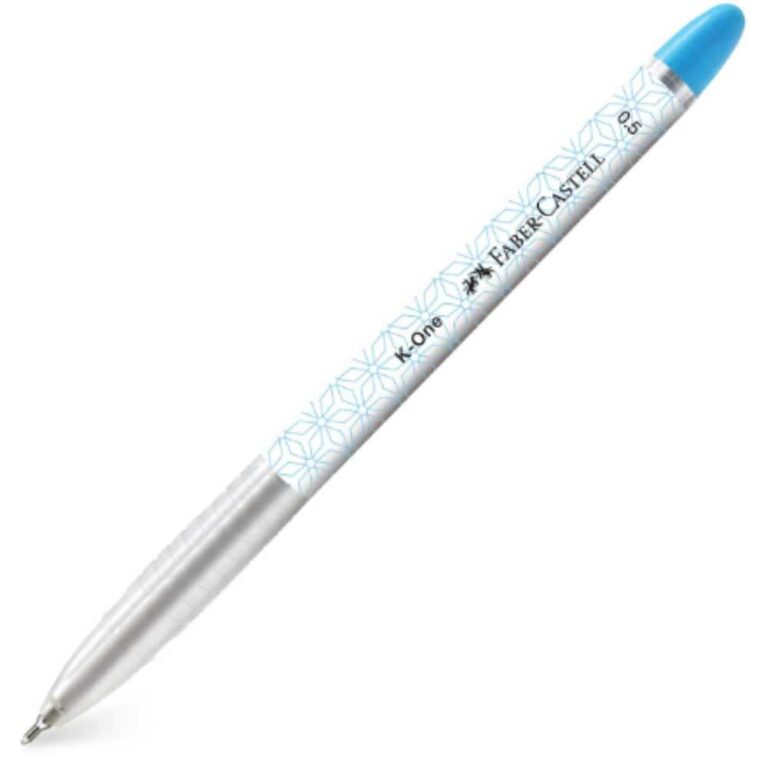 Химикал с флотално мастило Faber-Castell K-ONE 0.5 син цвят, със стилен сребрист и бял дизайн.