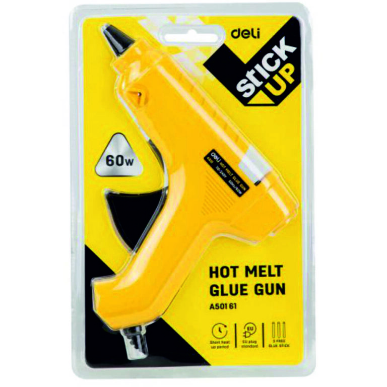 Жълт топло лепящ пистолет Deli Stick Up 60W за почистване и ремонти.