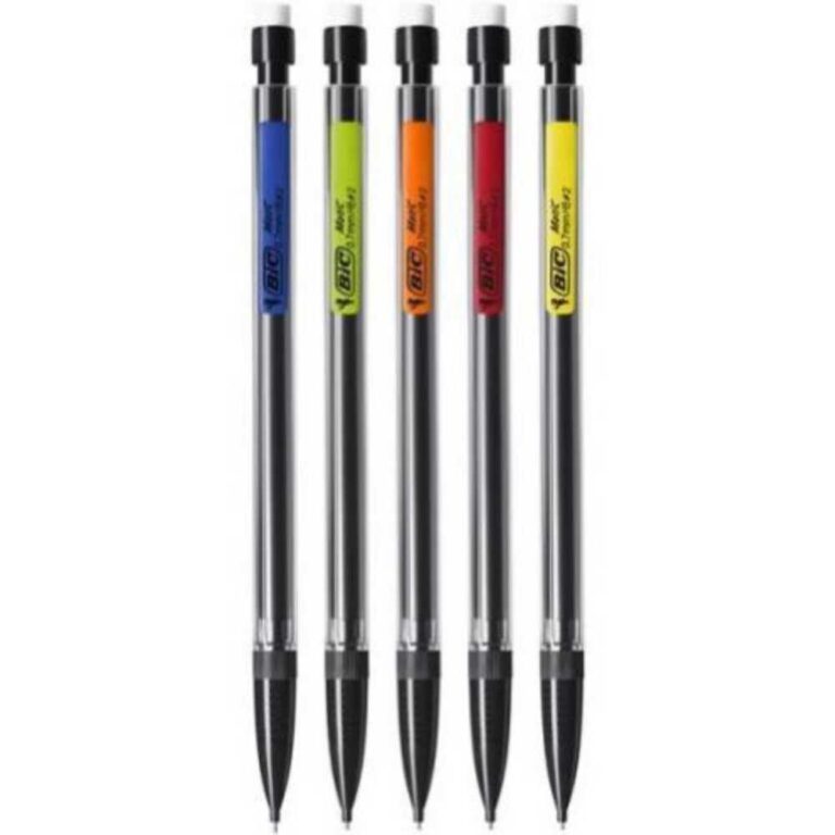 Комплект от пет автоматични молива BIC с комбинация на цветни държачи в синьо, оранжево, червено и жълто.