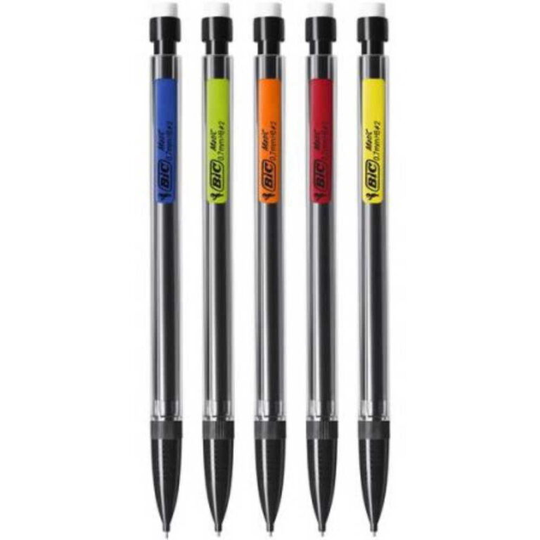 Пет автоматични молива BIC Matic 0.5 и 0.7мм с цветни дръжки в различни цветове на бял фон