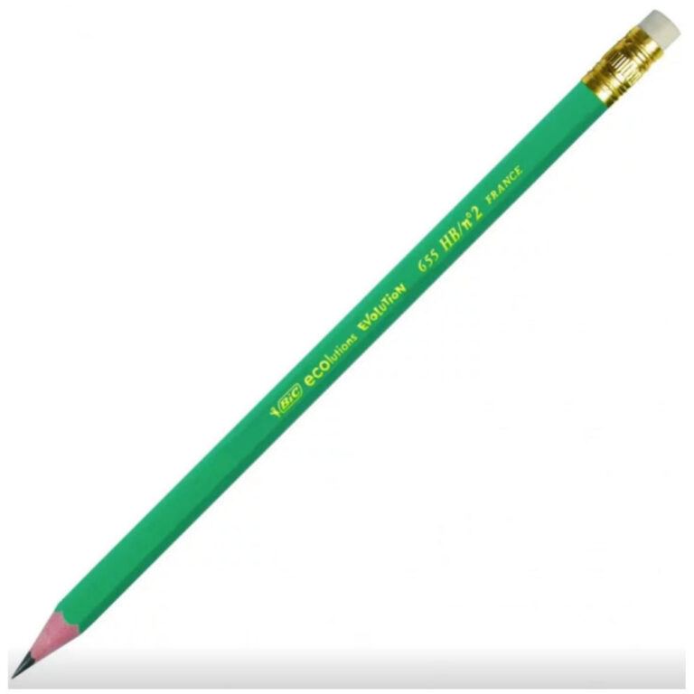 Зелен дървен молив с гума BIC Eco Evolution HB 655 на бял фон