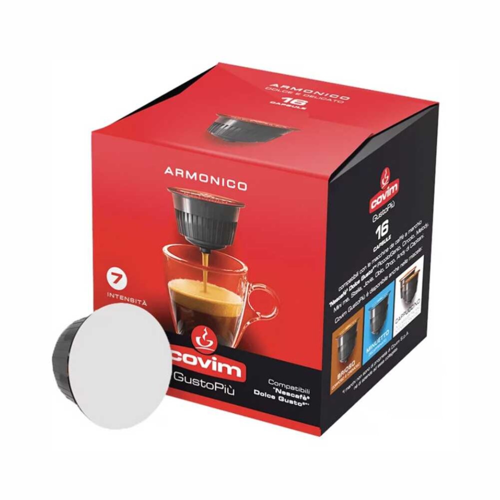 Кафе на капсули Covim „Armonico“ – Dolce Gusto – селектирани кафе-блендове,гарантиращи най-доброто представяне в чаша, 50 % Арабика ; 50 % Робуста.