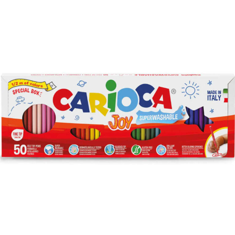 Комплект яки флумастери Carioca Joy с 50 измиващи се цвята в цветна кутия.