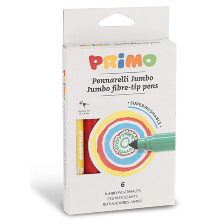 Комплект от 6 цветни маркера Primo Jumbo с широки върхове, подходящи за рисуване от деца.