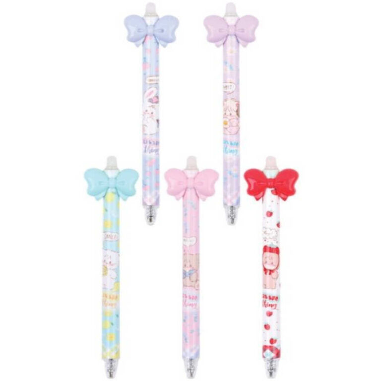 Комплект от пет цветни гел химикалки с гуми и капачки с панделки Street Bows, писец 0.5, син цвят.