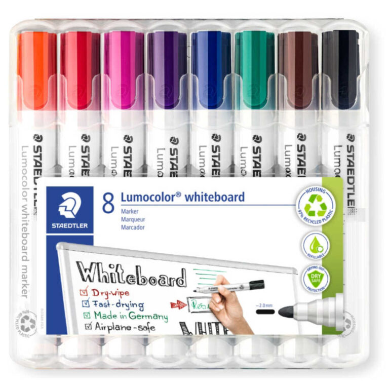 Комплект Staedtler lumocolor маркери за бяла дъска в 8 ярки цвята в прозрачен пластмасов контейнер.