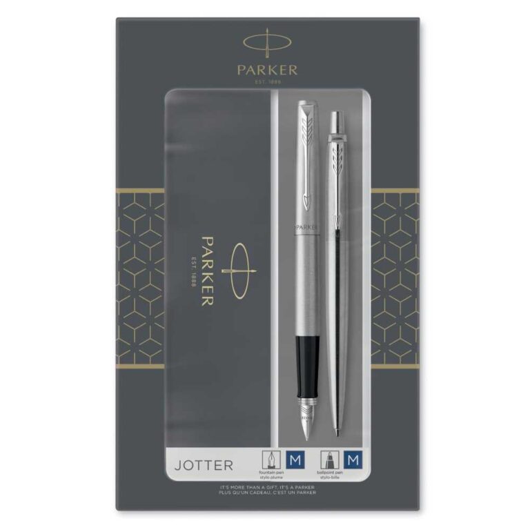 Комплект писалка и молив Parker Jotter със стилен сребърен дизайн и междинен размер на върха.