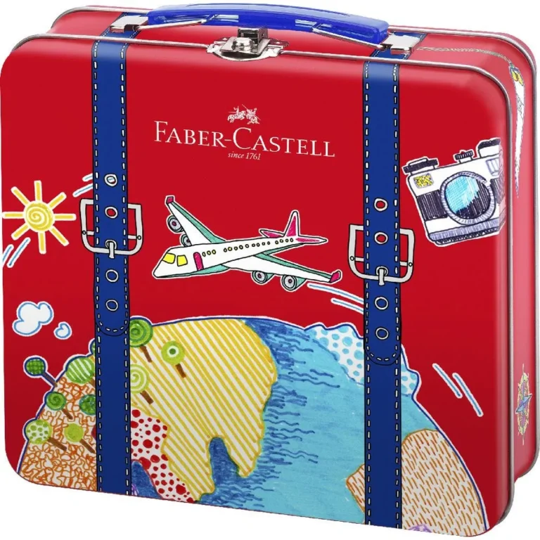 Метален куфар Faber-Castell с цветни графики с пътешествия и флумастери за рисуване и училище.