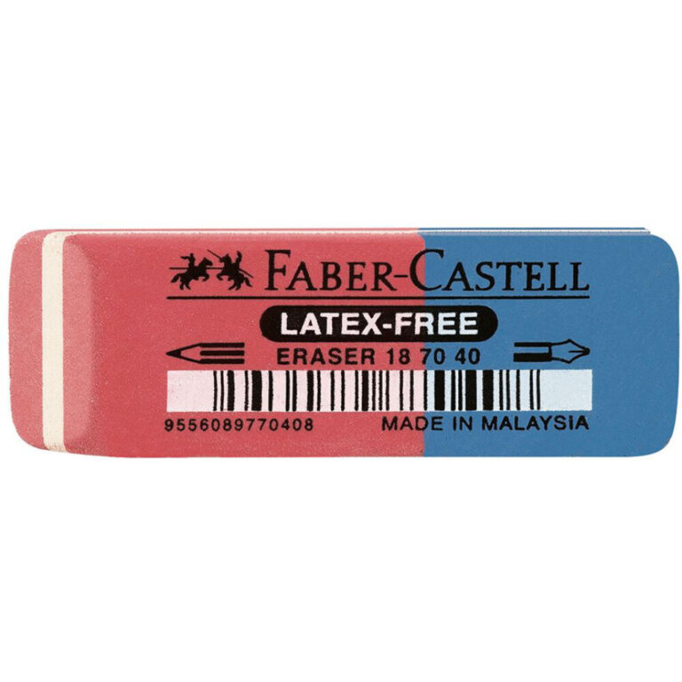 Гума за графит и мастило Faber-Castell без латекс с червено-син дизайн, произведена в Малайзия за чисто триене.