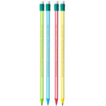 Комплект от четири цветни молива BIC Evo Stripes HB 646 с гуми на бяла повърхност.