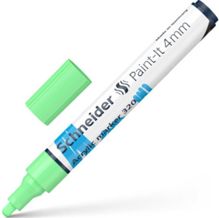 Зелен акрилен маркер Schneider Paint It с 4 мм писец и затворен капачка.
