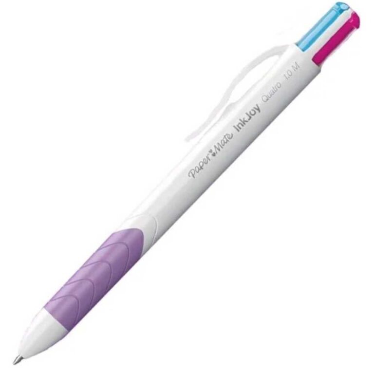 Мастилено хиалено черен химикал от Papermate InkJoy с удобен лилав захват, четири цвята в едно.