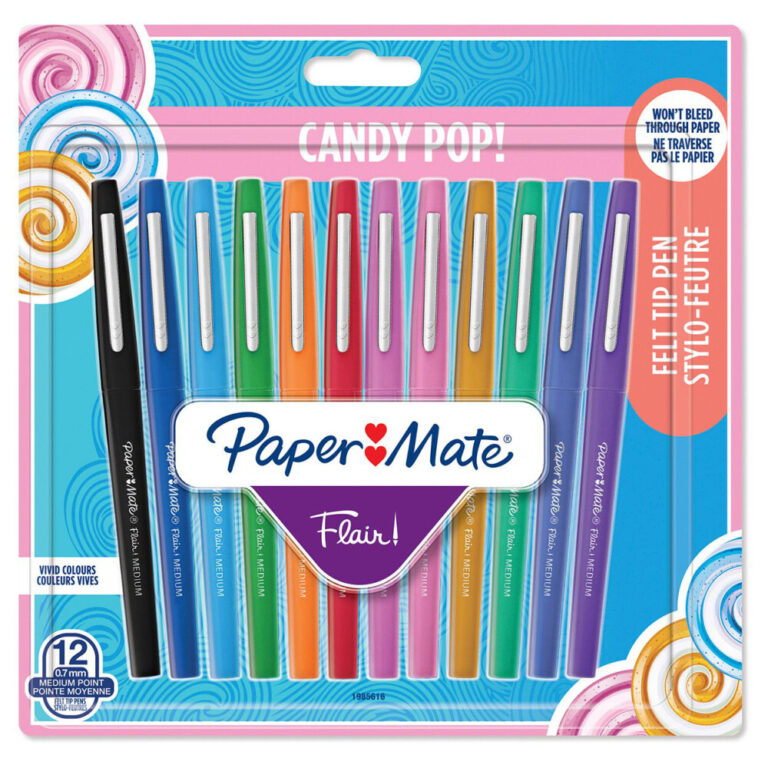 Пакет от 12 разноцветни флумастери Paper Mate Flair с паковане в стил бонбони.