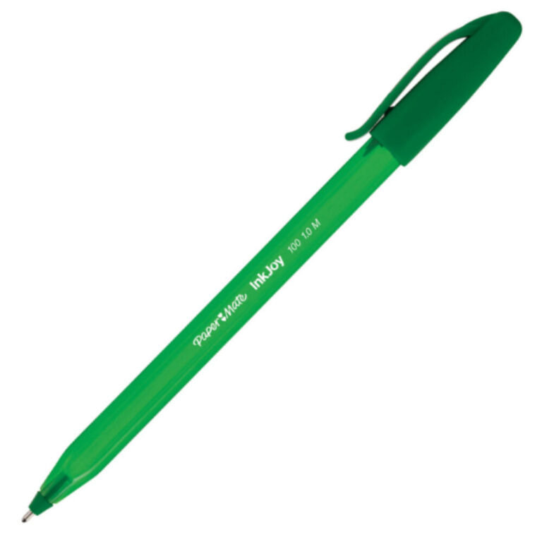 Зелена химикалка Paper Mate InkJoy 1.0 мм с прибиращ се писец и практичен клипс за сигурно закрепване.