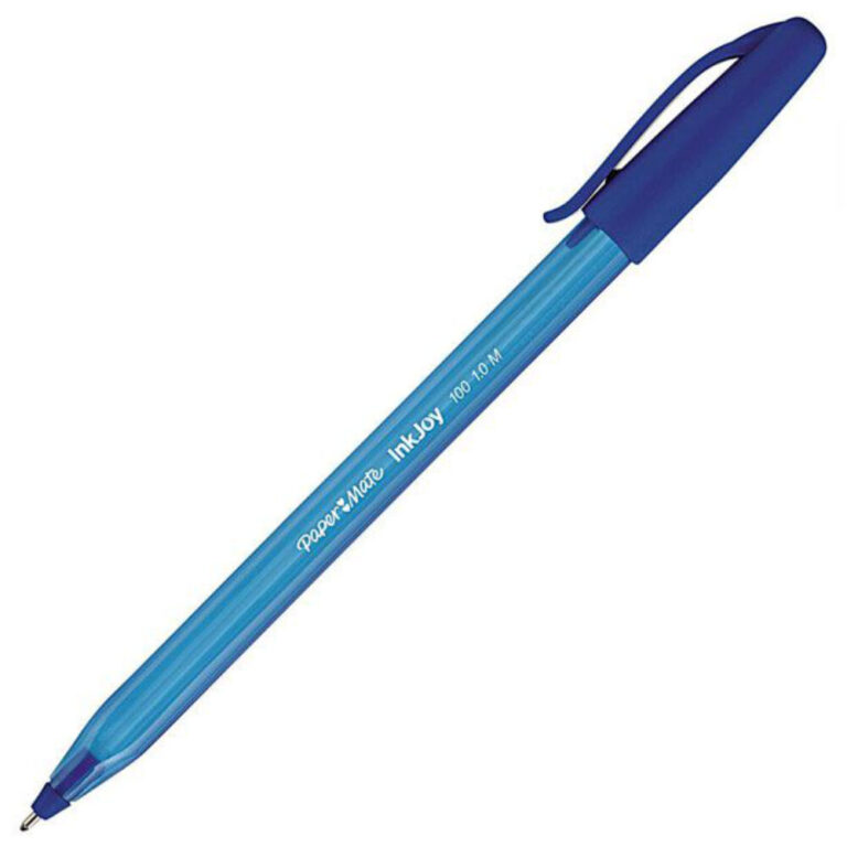 Син химикал с щифт Papermate InkJoy 1.0 мм, удобен за писане и сигурно захващане.