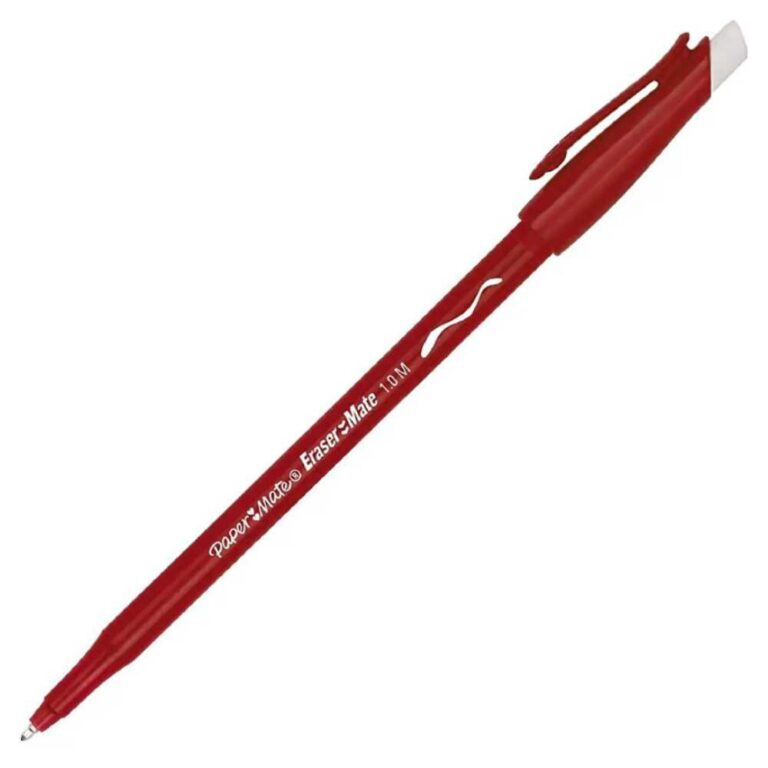 Червен автоматичен химикал с гума и клип, модел Papermate.