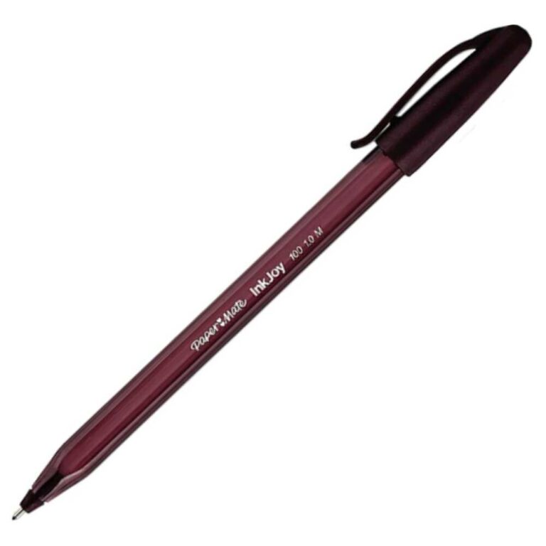 Бургуندو кафява химикалка Papermate Inkjoy с капачка и клипс за закрепване.