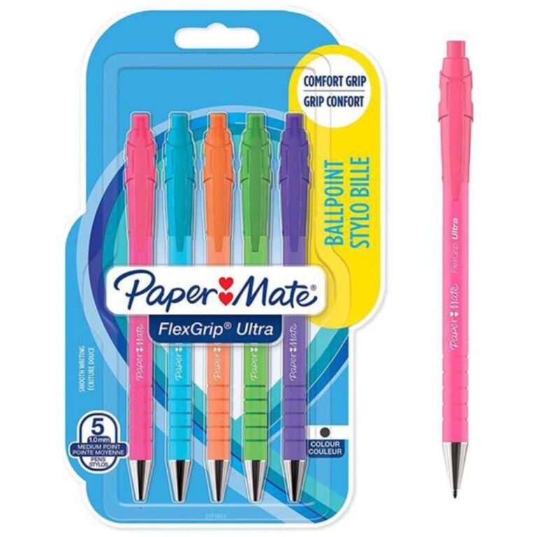 Пакет от 5 цветни химикалки Paper Mate FlexGrip Ultra с комфортен захват, идеални за удобно писане.