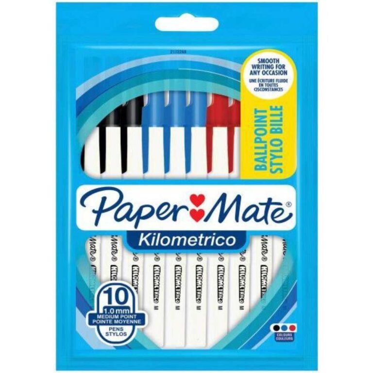 Пакет от 10 сини химикалки Paper Mate Kilometrico с връх 1.0 мм, подходящи за писане и чертане.