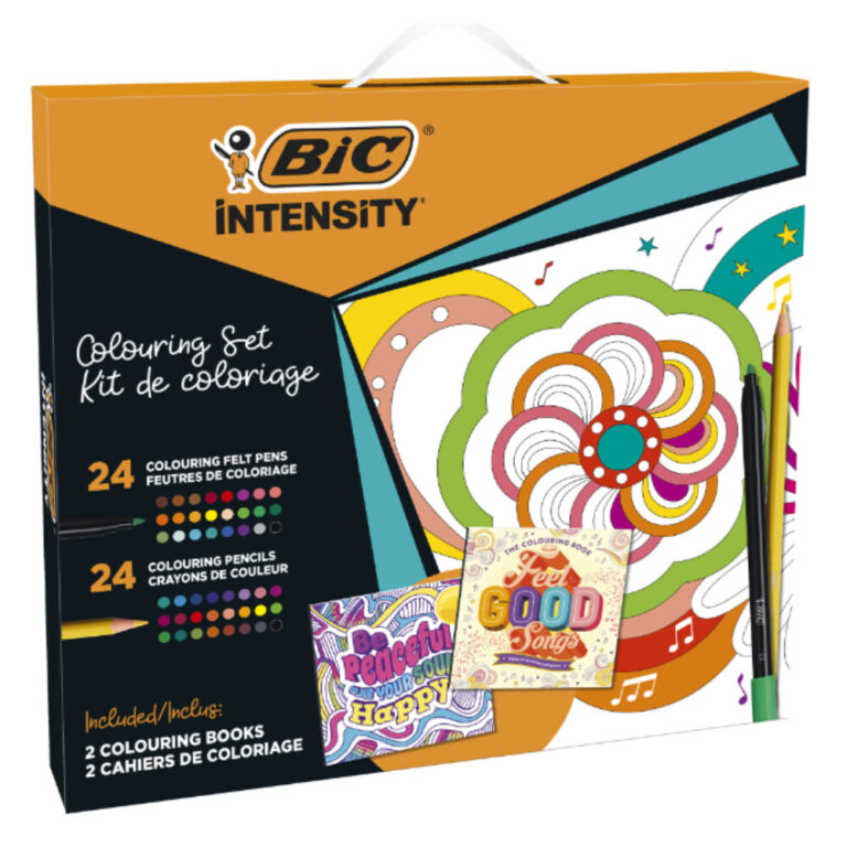 Комплект BIC с 24 цветни моливи, 24 цветни фелтописци и две книжки за оцветяване.