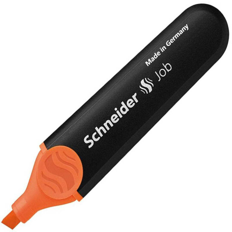 Черно-оранжев скосен текстмаркер Schneider Job, произведен в Германия, за акцент и маркиране.