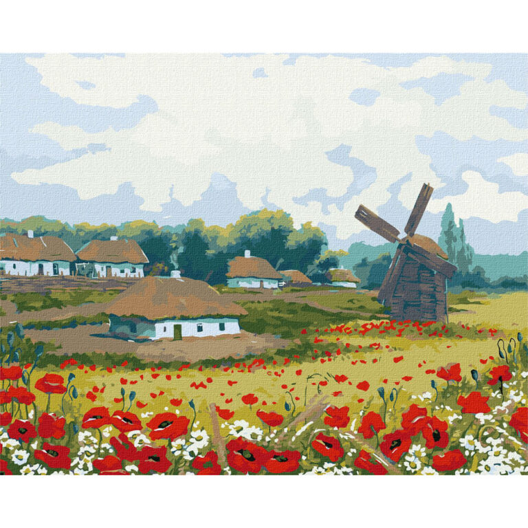 Картина за рисуване по номера с ферма, вятърна мелница и поле с червени-маци през лятото.