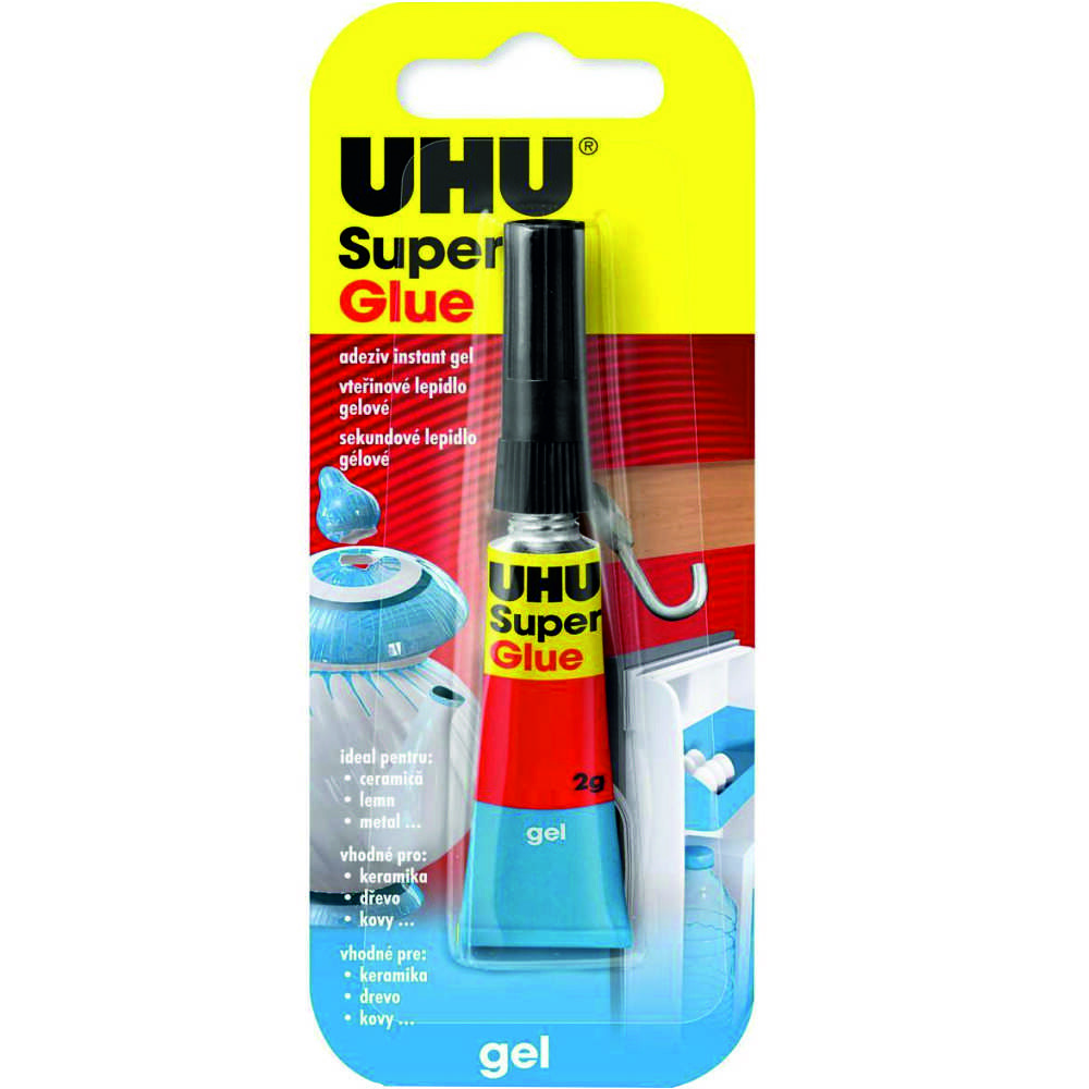 Секундно лепило UHU Super Glue liquid 2 грама разфасовка. Залепва здраво: – Керамика – Дърво – Кожа – Пластмаса Гелово лепило, което изсъхва по трудно. не оставя следи, може да стои с отворена капачка.