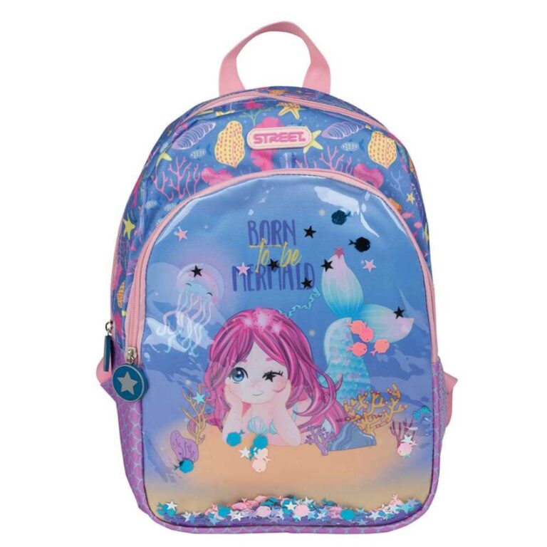 Ярка детска раница с дизайн на русалка и надпис Born to be a Mermaid, идеална за малки момичета.