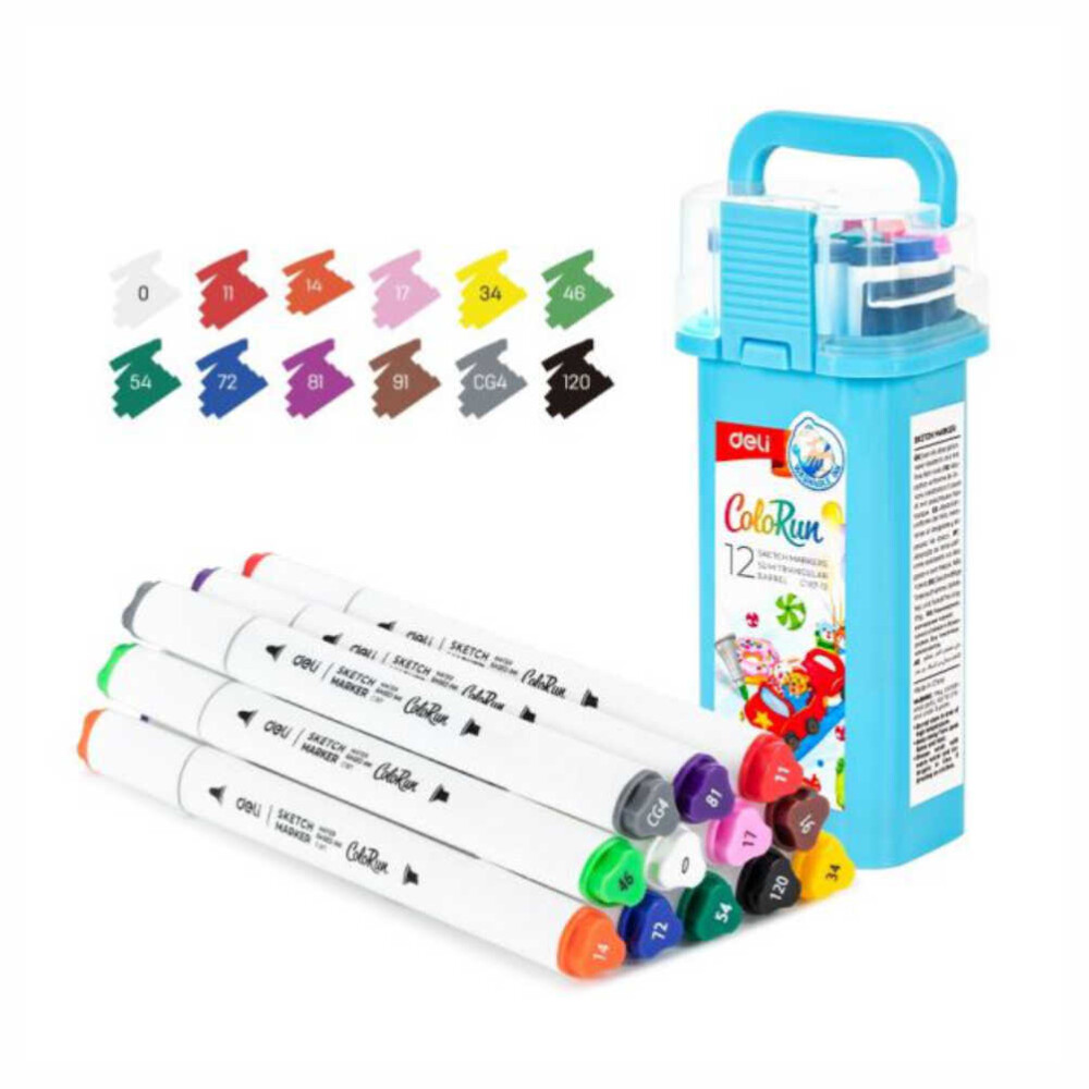 Sketch маркери двувърхи Deli Colorun 12 цвята 1-5мм - Image 1
