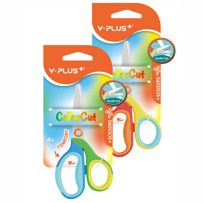 Детски безопасни ножици Y-Plus ColorCut с лесни за захващане цветни дръжки.