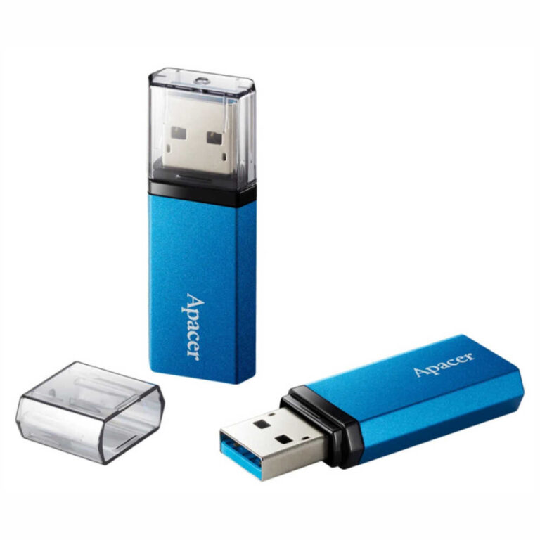Сини USB флашки Apacer AH25C с капачки, 32GB и USB 3.2 Gen 1, на бял фон.