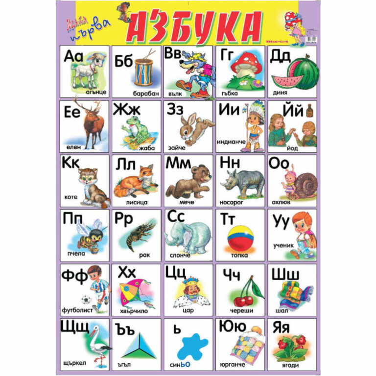 Цветна детска азбука на руски с образи за всяка буква за лесно учене.