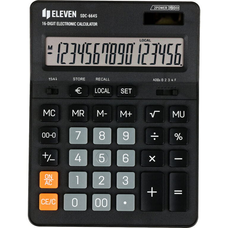 Калкулатор Eleven SDC-6645 с 16-цифрен дисплей, слънчево захранване и валутна функция лева-евро за финансови изчисления.