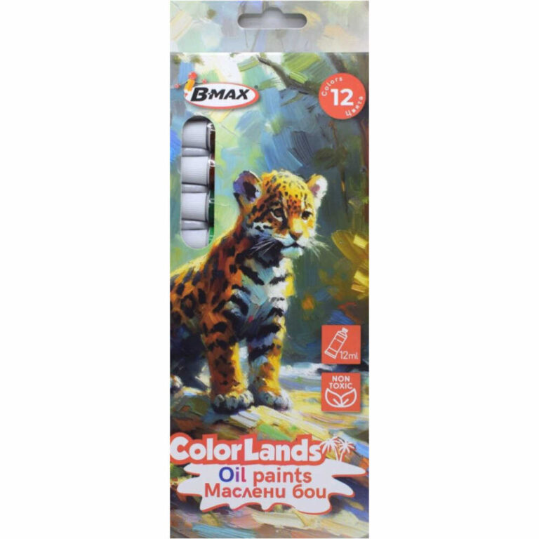 Комплект от 12 наситени маслени бои BMAX Color Lands с тигърче на опаковката.