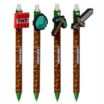 Комплект химикалки с миниатюрни фигури Minecraft - TNT, диамант, брадва и меч върху пишещите горловини.