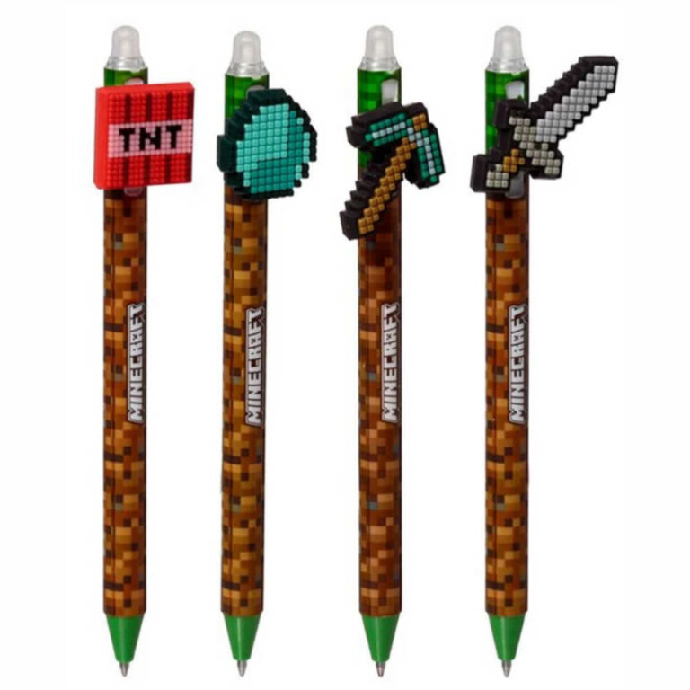 Комплект химикалки с миниатюрни фигури Minecraft - TNT, диамант, брадва и меч върху пишещите горловини.