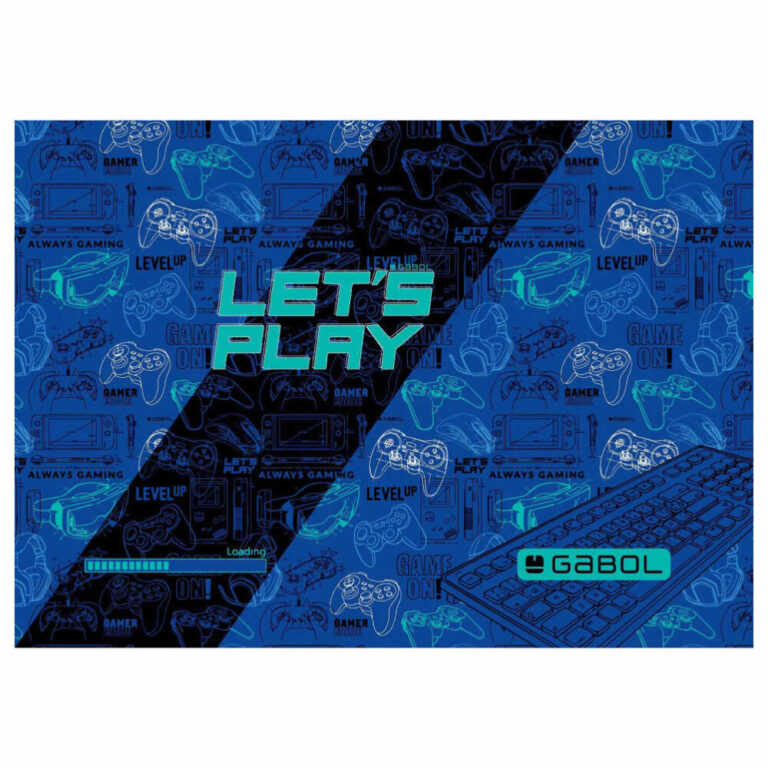 Синя подложка за бюро Gabol Gaming с текст Let's Play и илюстрации на игрови контролери.
