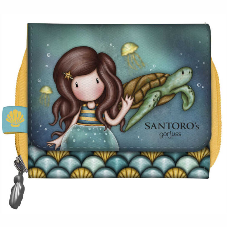 Илюстриран портфейл Santoro Gorjuss с русалка и морска костенурка, подходящ за козметика и малки вещи.