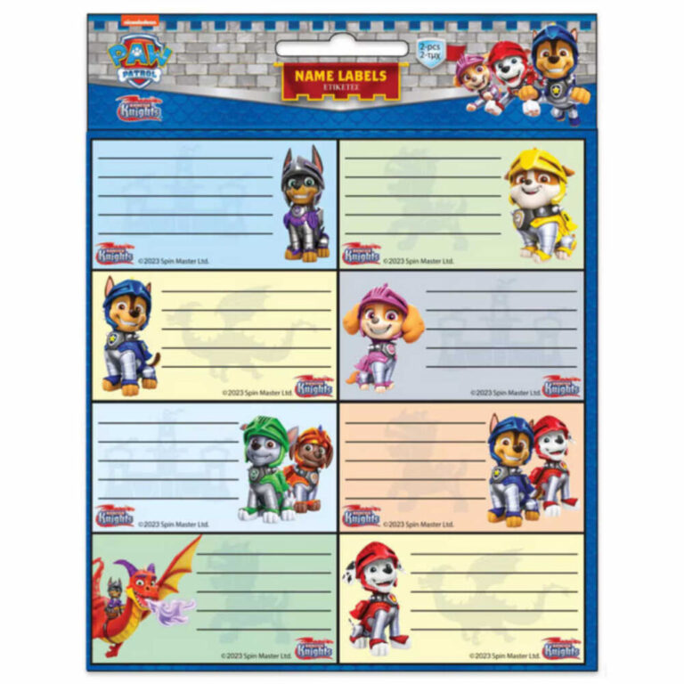 Цветни етикети за имена с героите от Paw Patrol за деца, подходящи за учебни и детски принадлежности.