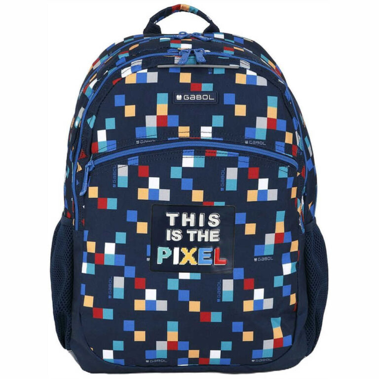 Школска раница Gabol Cubik в тъмносин цвят с пикселонез образ и текст This is the Pixel.