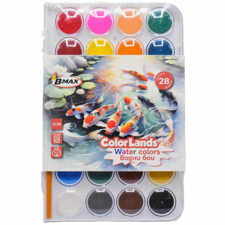 Комплект с 28 ярки водни бои Color Lands с четка за художествено рисуване.