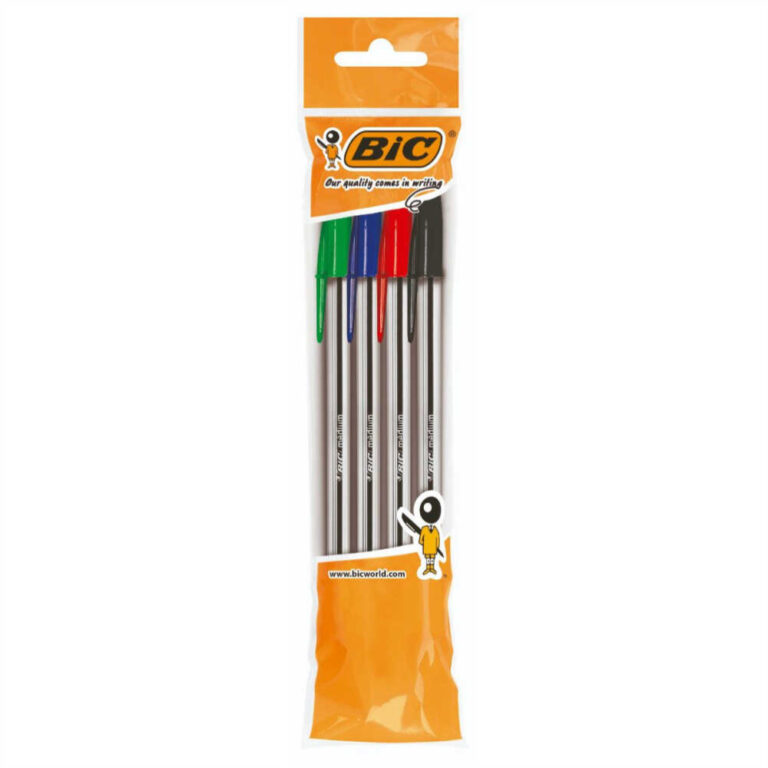 Опаковка с цветни усъвършенствани химикалки BIC с прозрачни корпуса и клик бутон.