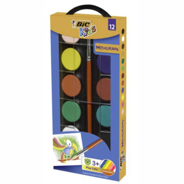 Акварелни боички BIC Kids с 12 ярки цвята и четка за деца над 3 години.