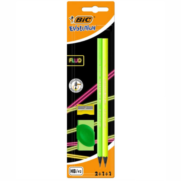 Пакет цветни флуоресцентни моливи BIC Evolution HB с гума и острилка на бял фон.