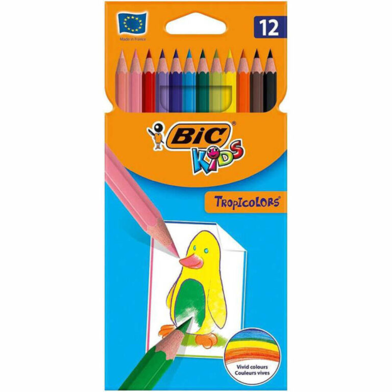 Опаковка с 12 цветни моливи BIC Kids Tropicolors за живописно оцветяване от деца.