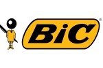 Логото на BIC с характерния герой BIC Boy и черен текст на жълт фон.
