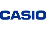 Лого на Casio в син текст на бял фон, символизиращо марка електроника и технологии.
