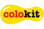 Лого на Colokit с червен и черен текст върху жълт абстрактен фон за фирмена идентичност.